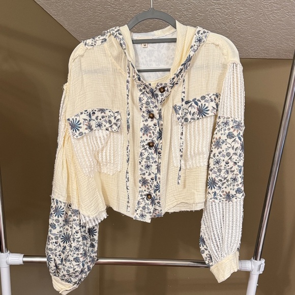 POL Tops - POL Cream Hooded Button-Up Blouse with Blue Floral Trim